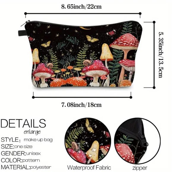 Mushroom Makeup Bag Cosmetic Clutch Pouch Travel Hippie Boho Wonderland Trip NEW - Picture 5 of 5